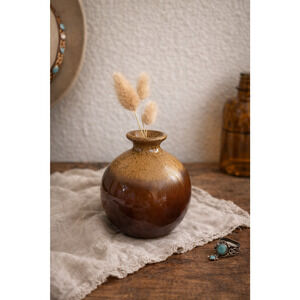 Vintage brown drip glaze pottery bud vase, typically from the 1960s or 1970s